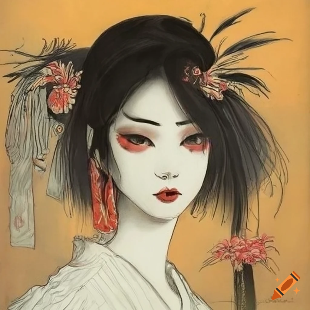 sketch of a ghostly Japanese woman in elegant white garments