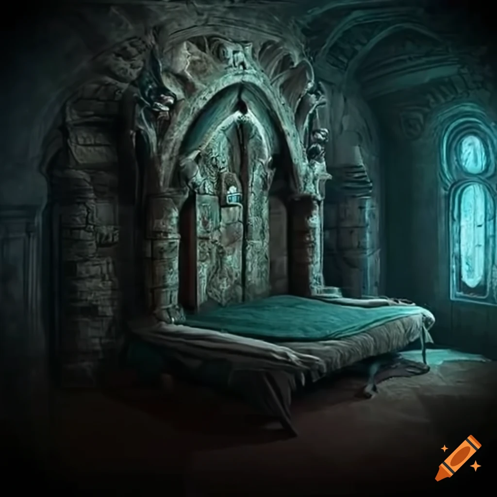 Mysterious bedroom in an ancient castle on Craiyon, image size:1024x1024