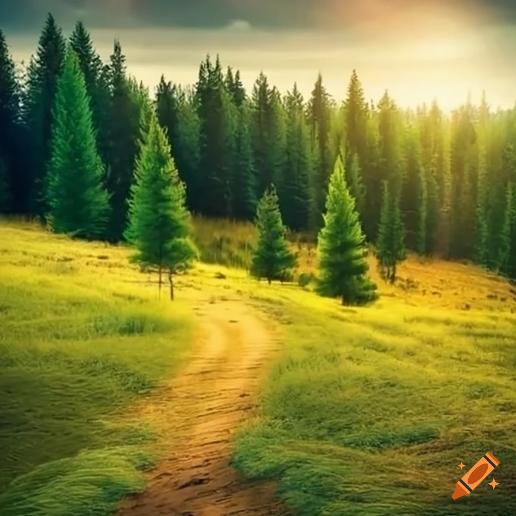 scenic view of grasslands with pine trees