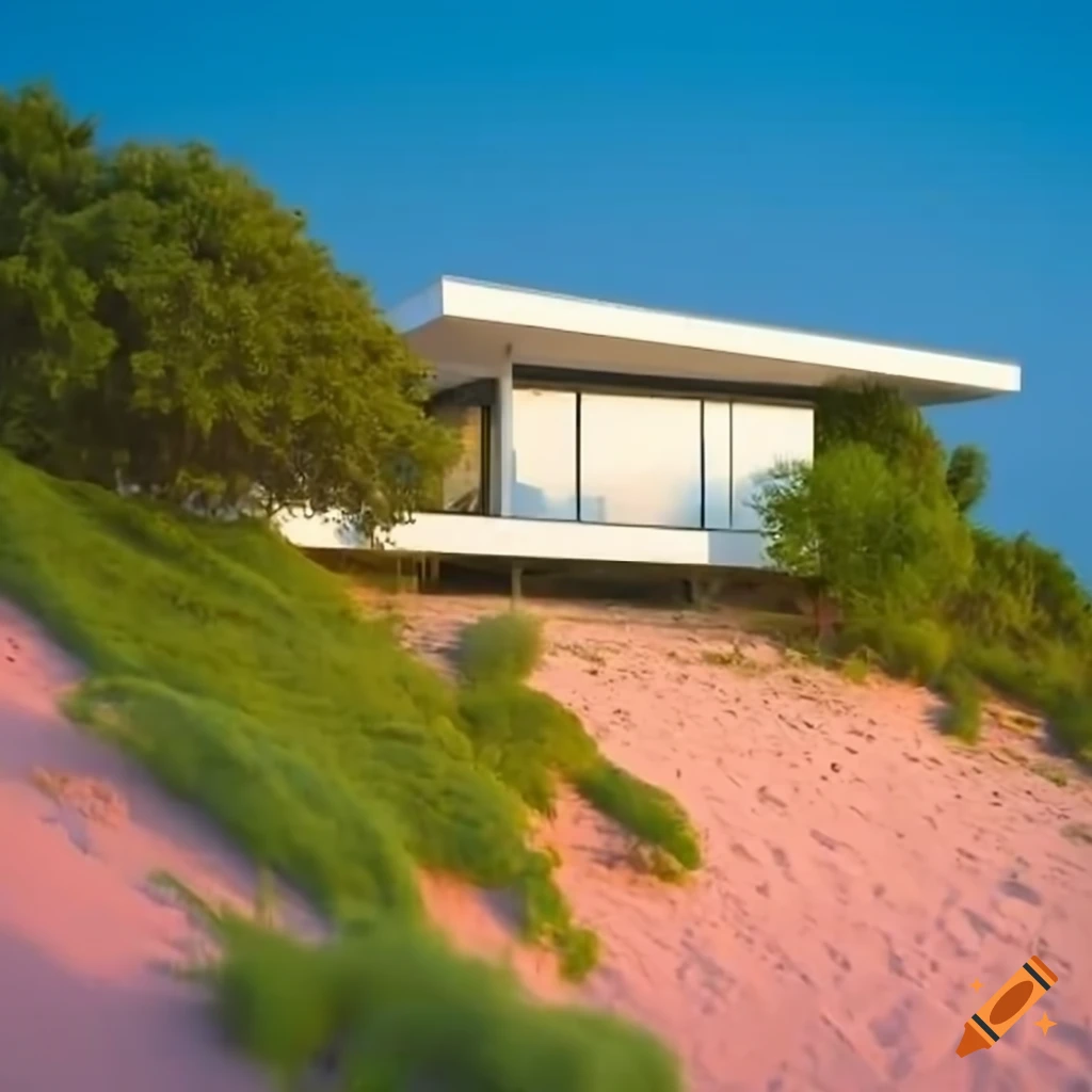 modern white house with glass walls beside a sandy beach