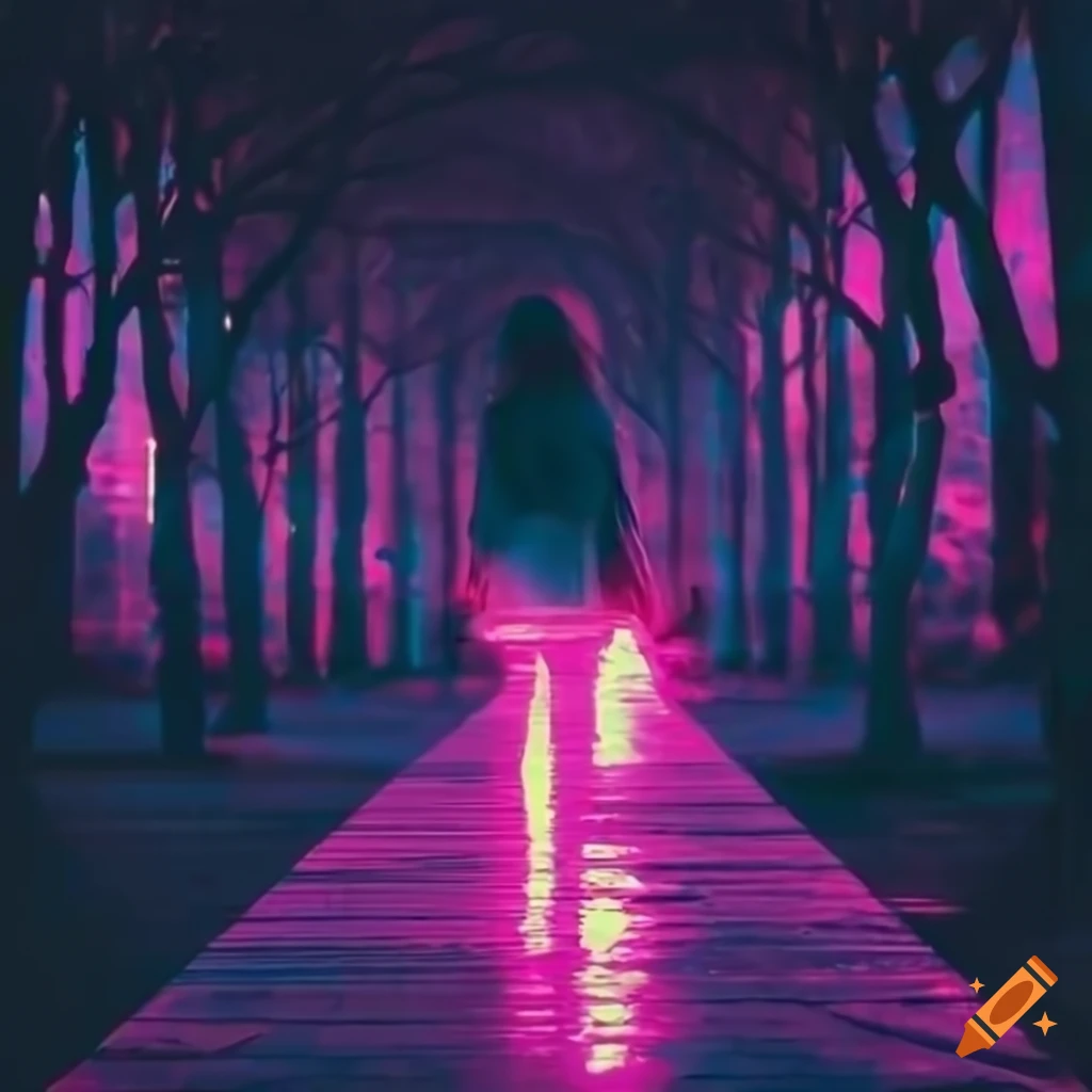 vaporwave girl walking in a city park at night