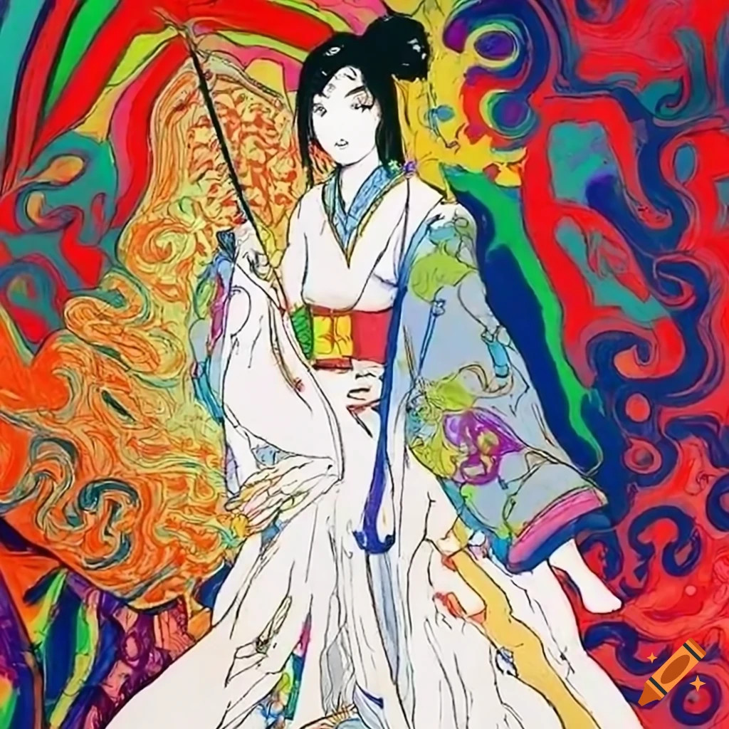 colorful manga sketch of a Japanese woman in white