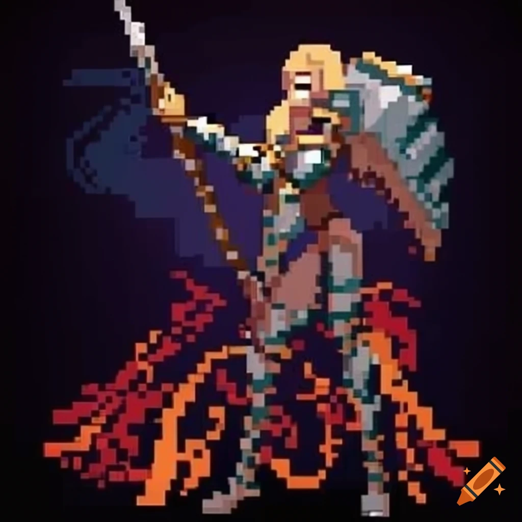Pixel art character with strong physique and fierce gaze on Craiyon