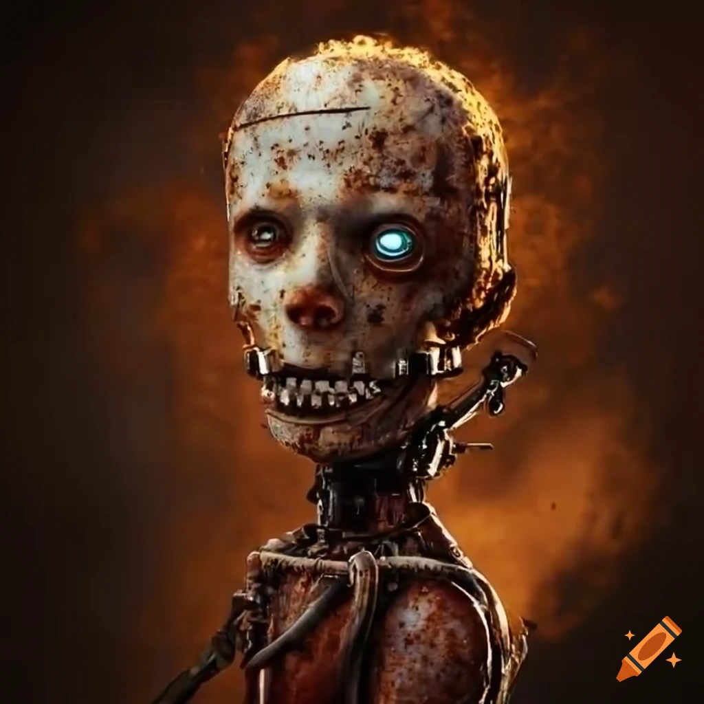 cyborg steampunk man with a rusty appearance