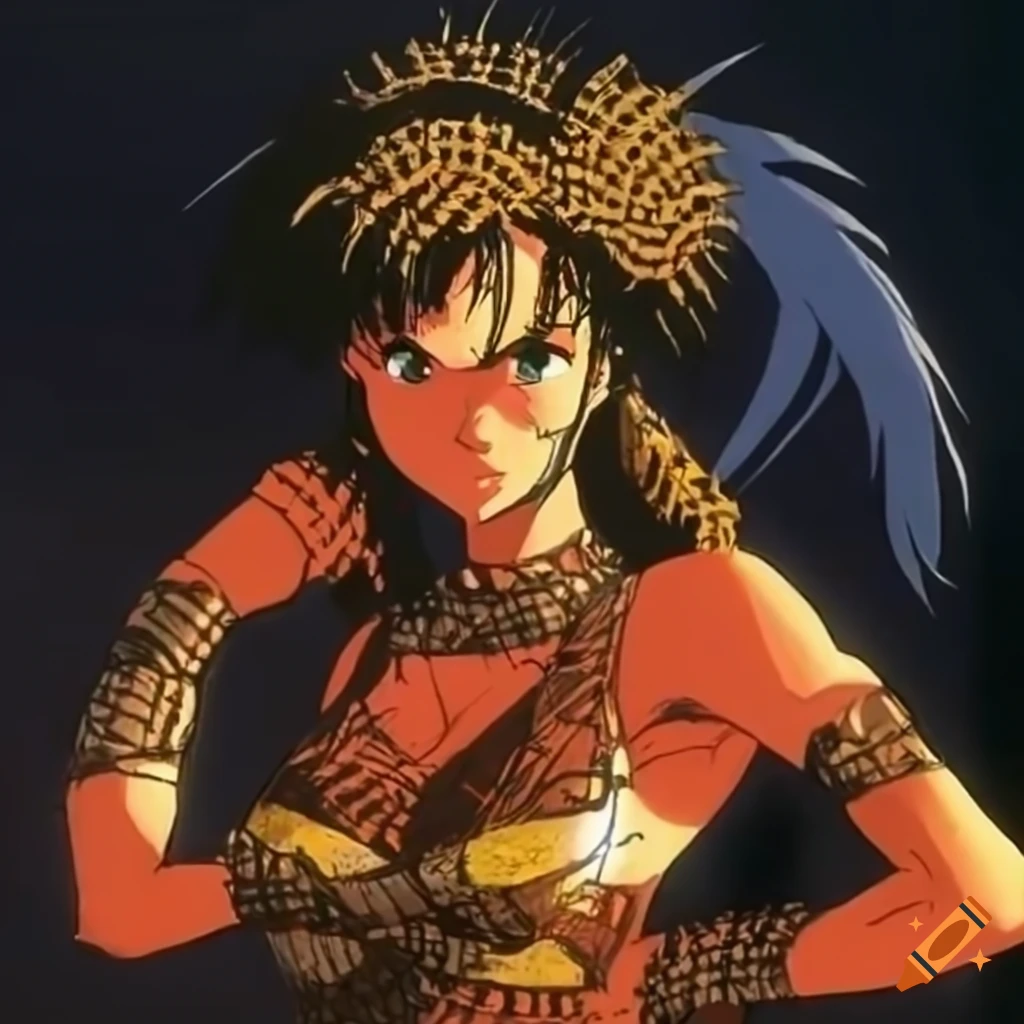 dynamic pose of a tribal nomad female in anime style
