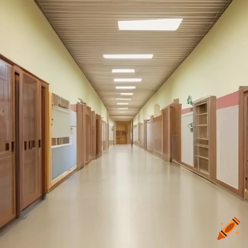 school corridor with classrooms and a hall