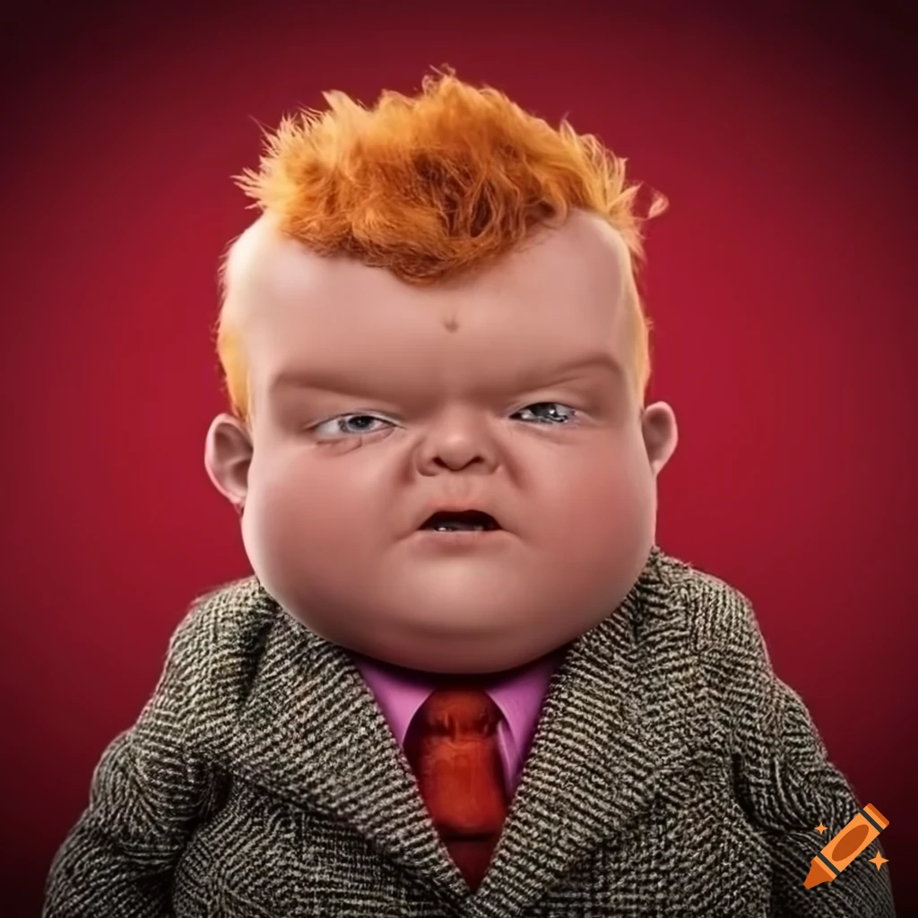 portrait of an obese ginger kid in a tweed suit