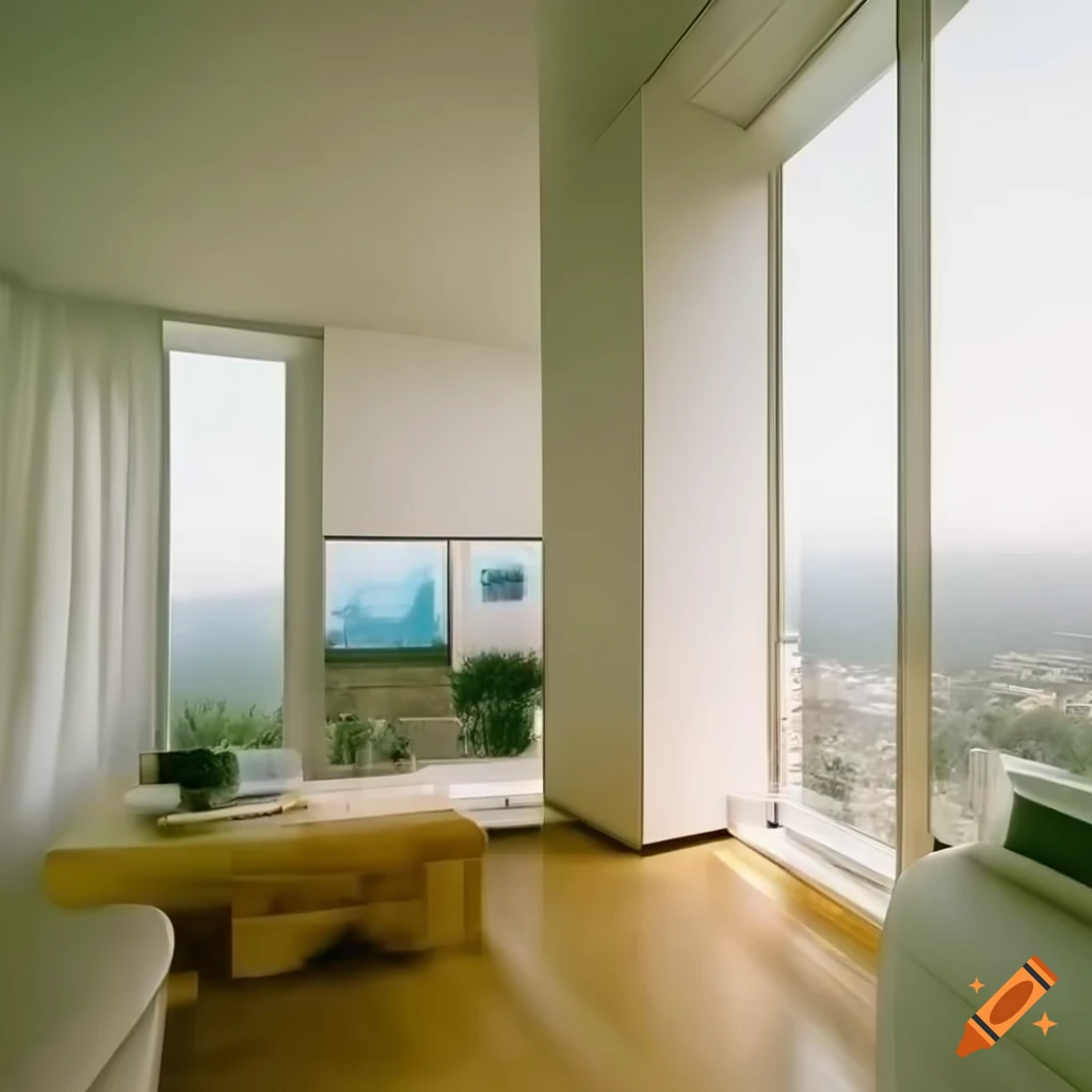 Luxury condominium interior with large windows and sunset light on Craiyon