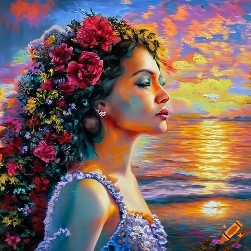 Oil painting of a beautiful lady walking on the beach at sunset on Craiyon