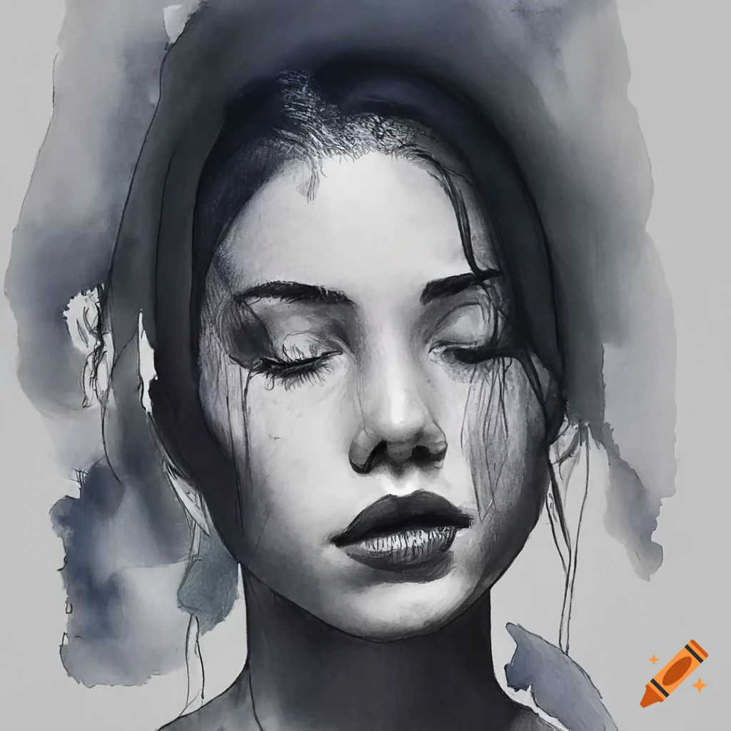 black and white sketch of a young woman lost in thoughts