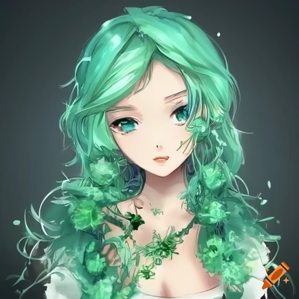 Illustration of a girl with crystal green hair on Craiyon