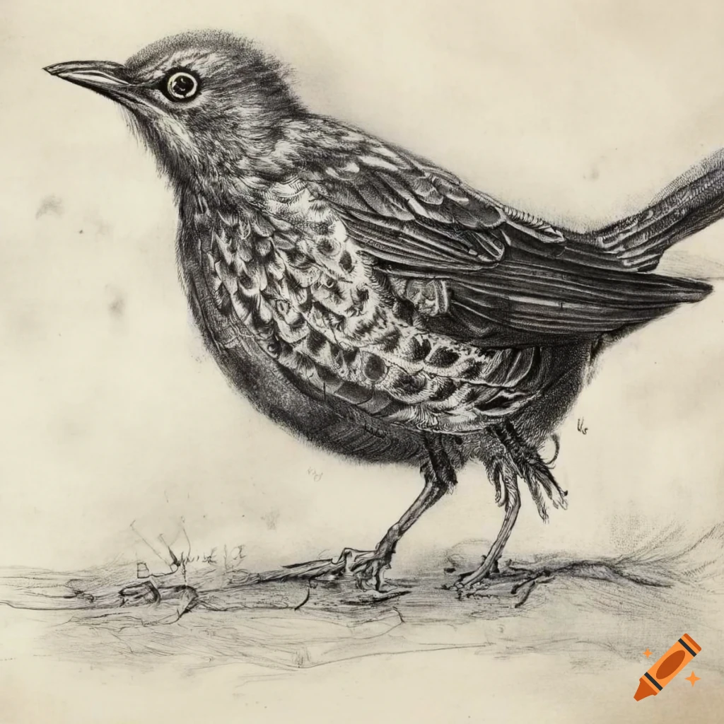 vintage pencil sketch of a Turdus merula