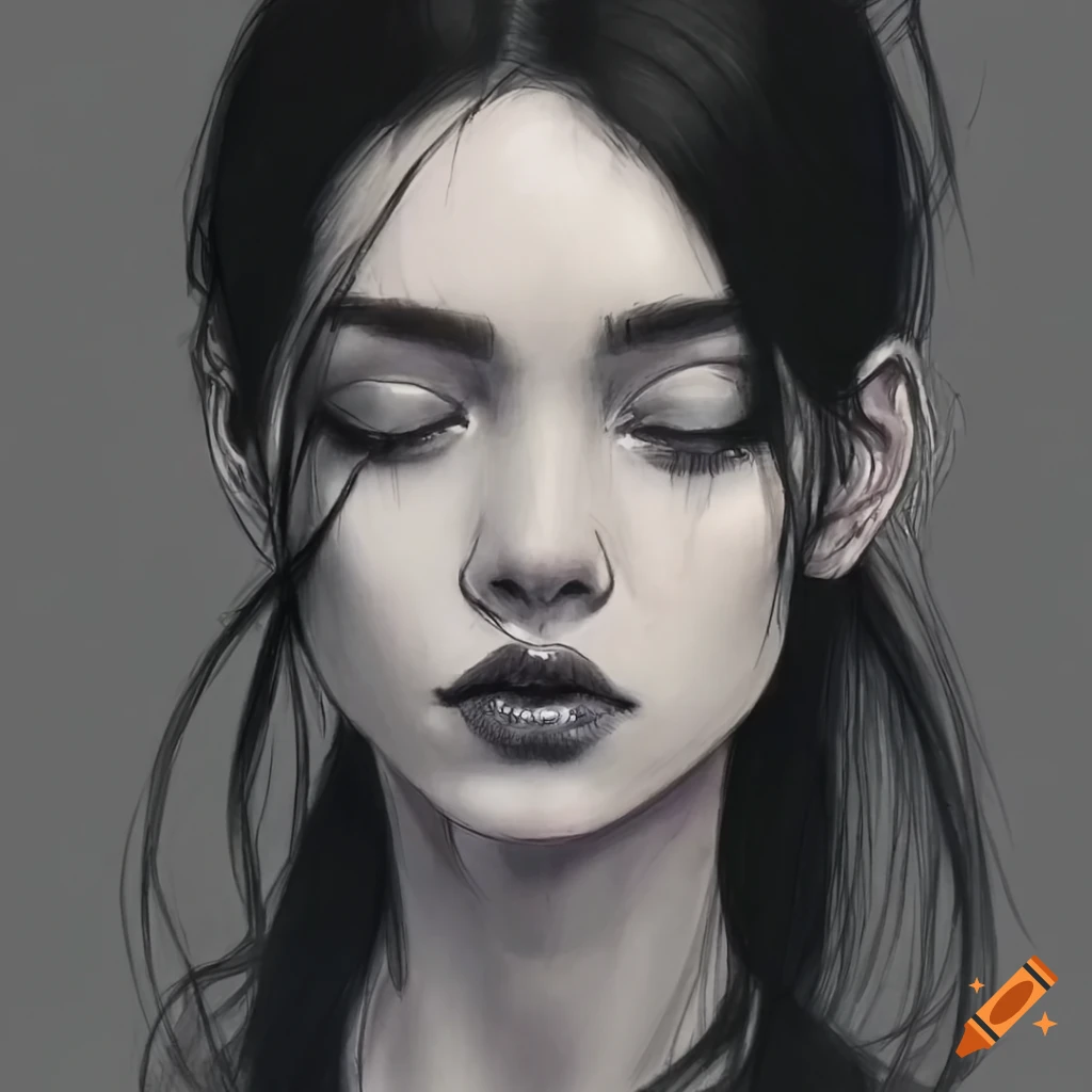 Black and white sketch of a pensive young woman on Craiyon