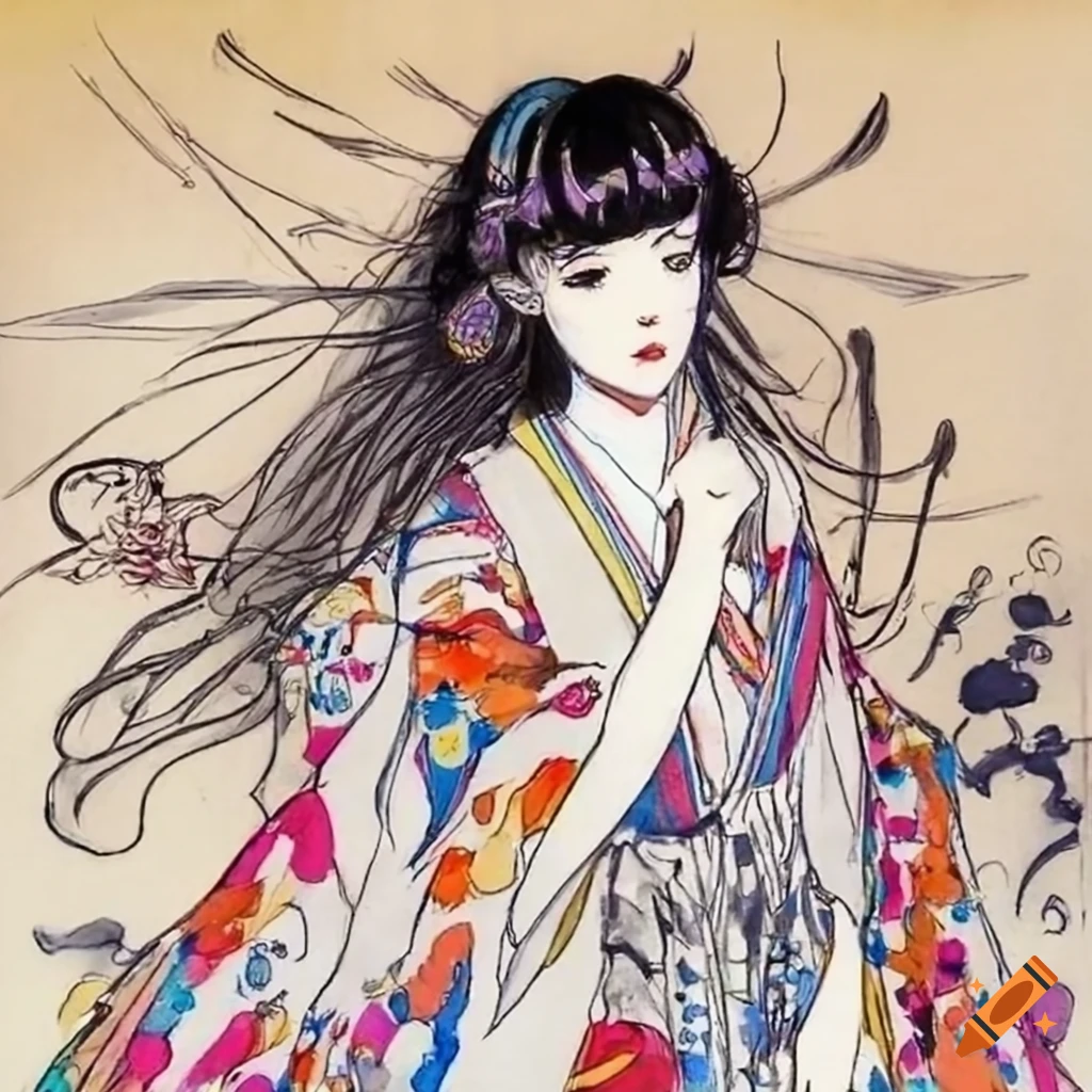 colorful manga sketch of a Japanese woman