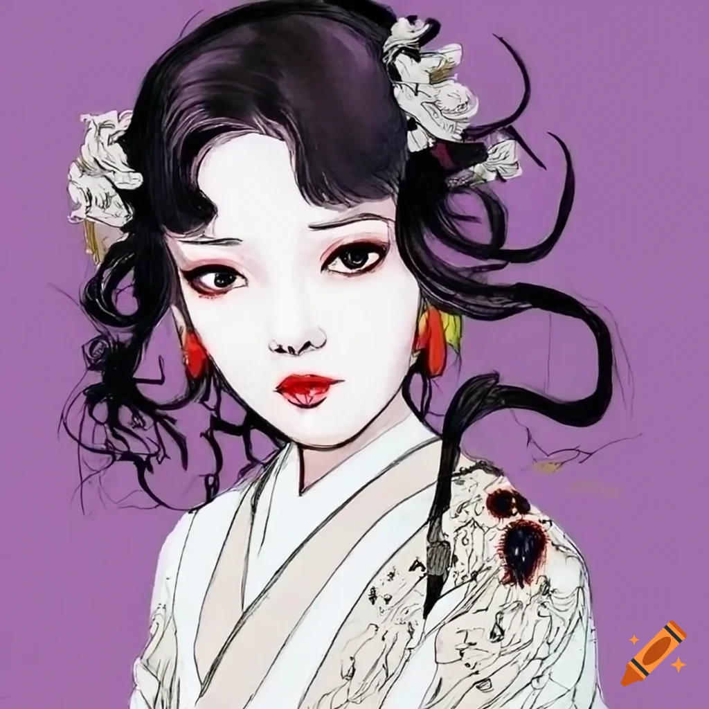 colorful manga sketch of a Japanese woman by Kawanabe Kyosai and Yoshitaka Amano