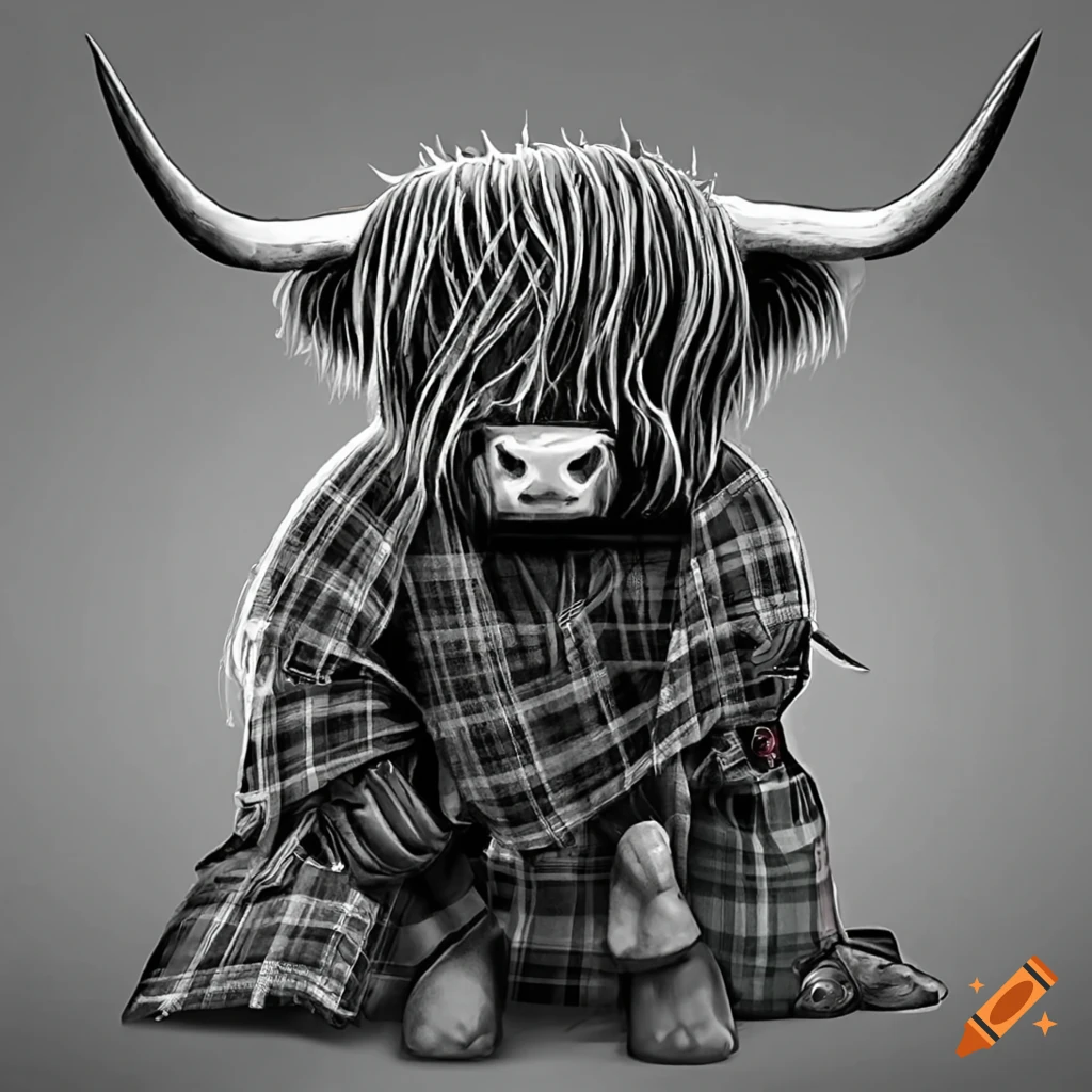 Highland cow wearing a Fraser tartan kilt
