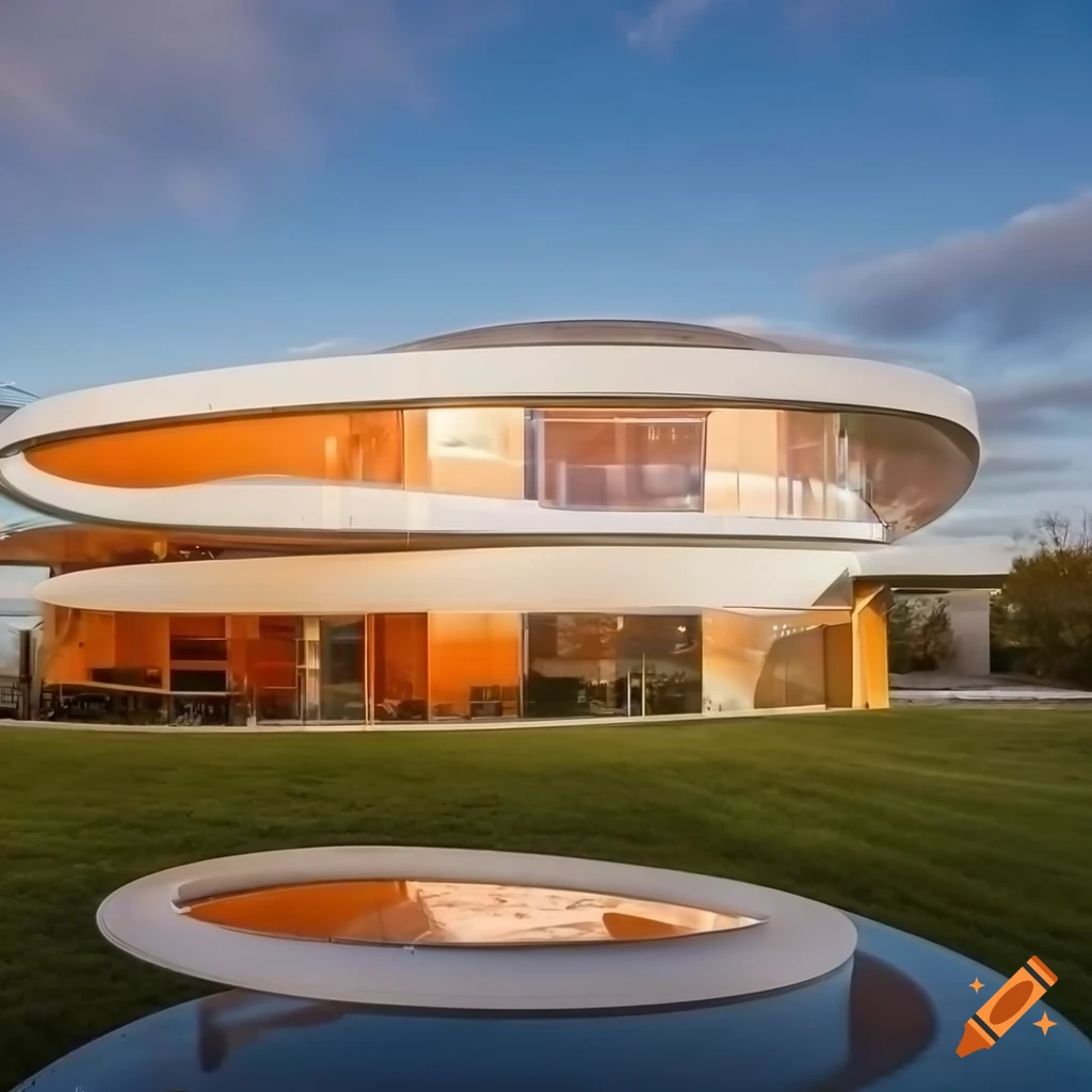 professional photo of a circular orange and white modern house