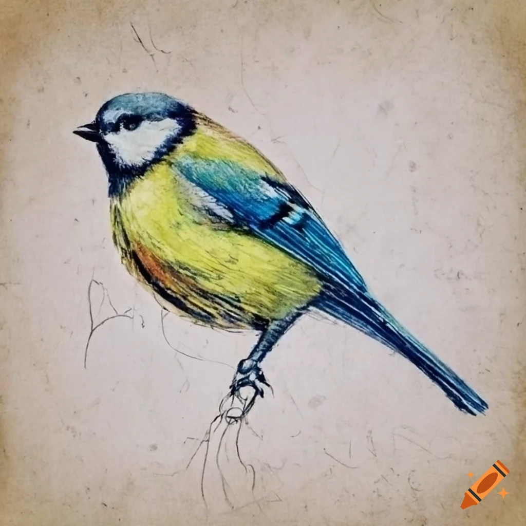 vintage pencil sketch of a blue tit on aged paper