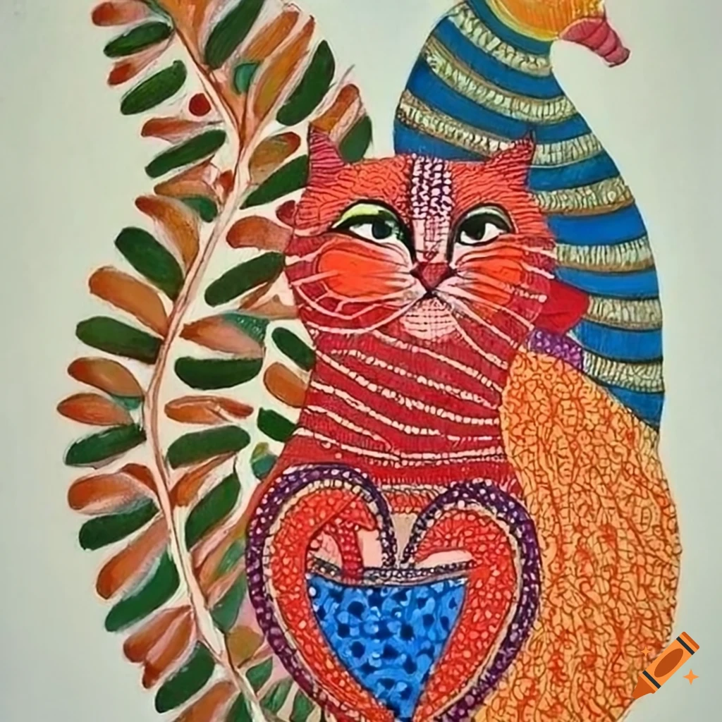vivid Gond painting of a cat