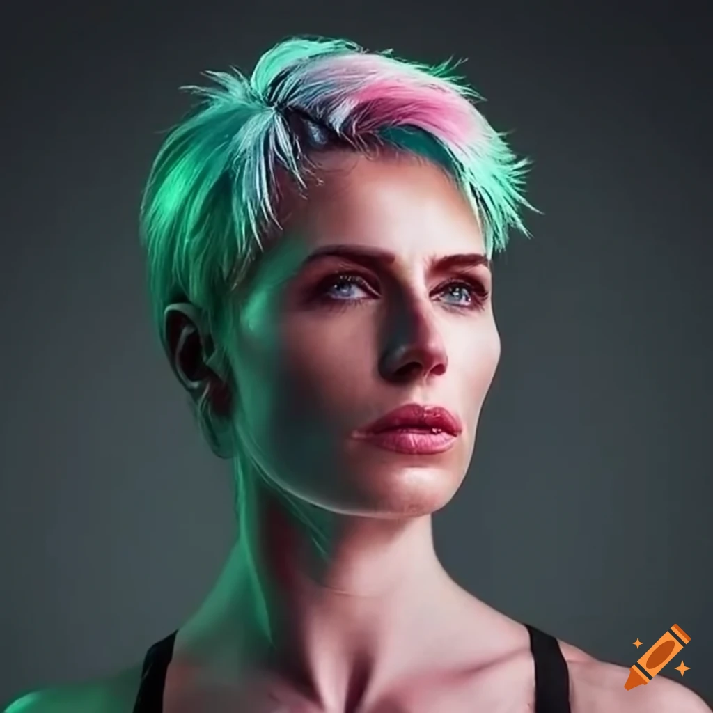 portrait of a sporty woman with pink hair and green eyes