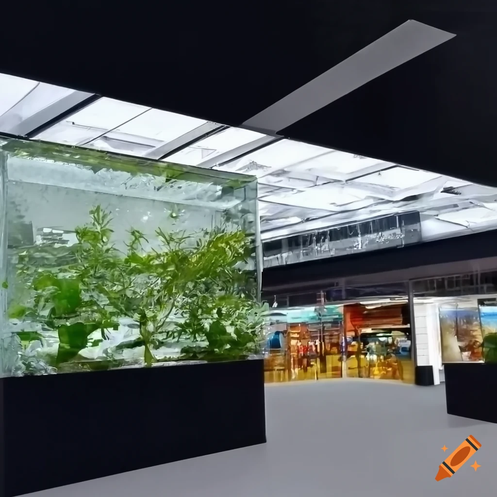 large rectangular planter with glass cover and three round shrubs inside in a shopping mall