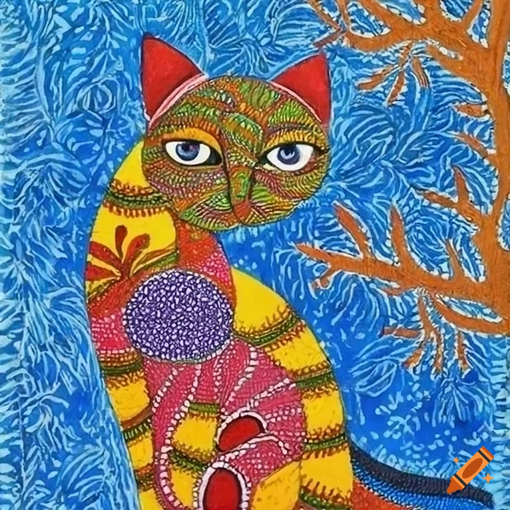 vivid Gond painting of a cat