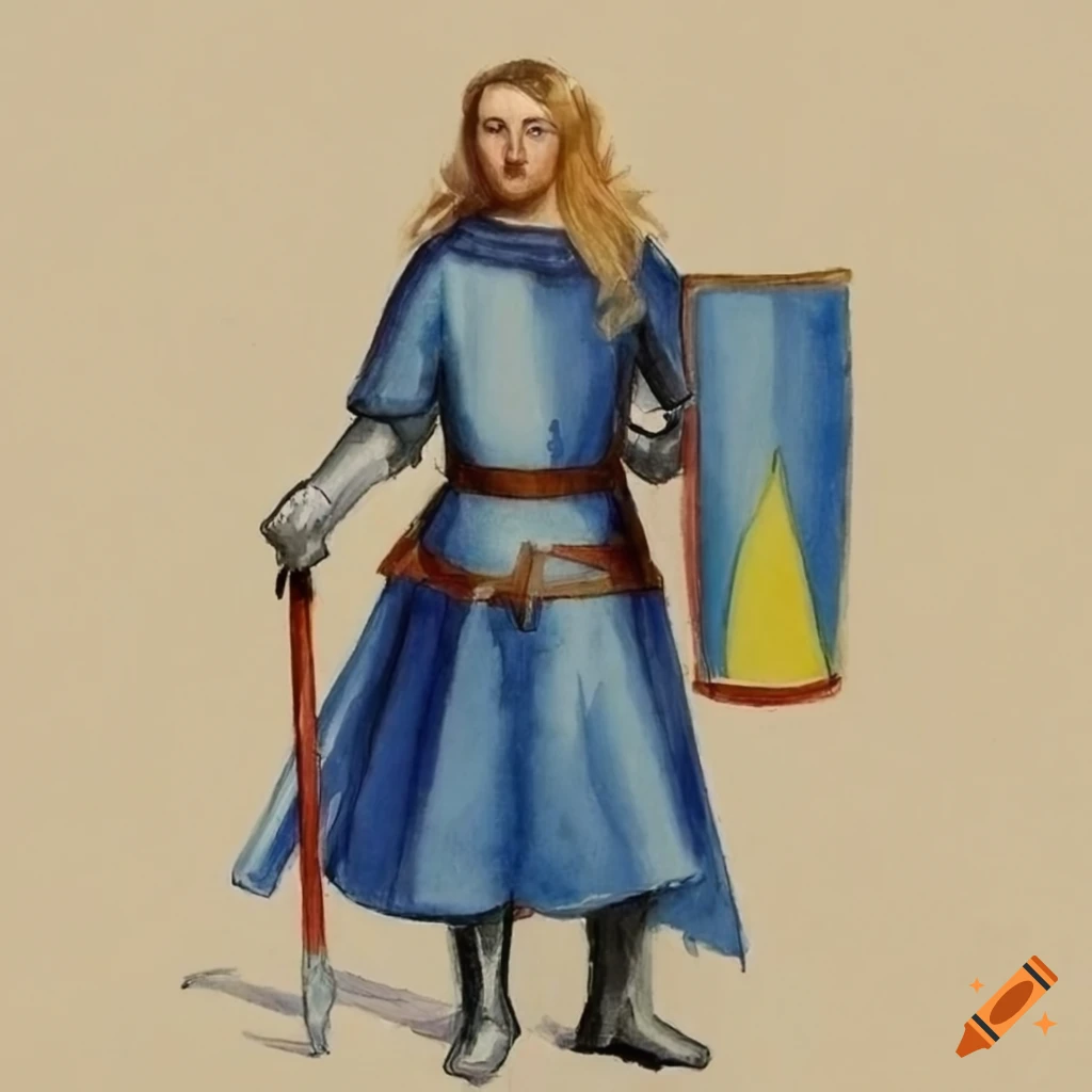 Watercolor pencil painting of a knight in blue tunic on Craiyon
