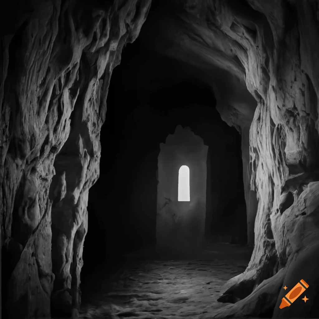 Dark and spooky entrance to a cave on Craiyon