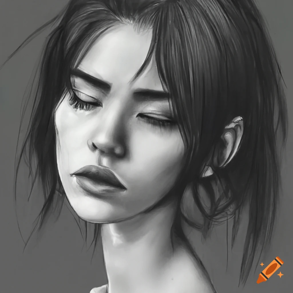 Black and white sketch of a pensive young woman with closed eyes