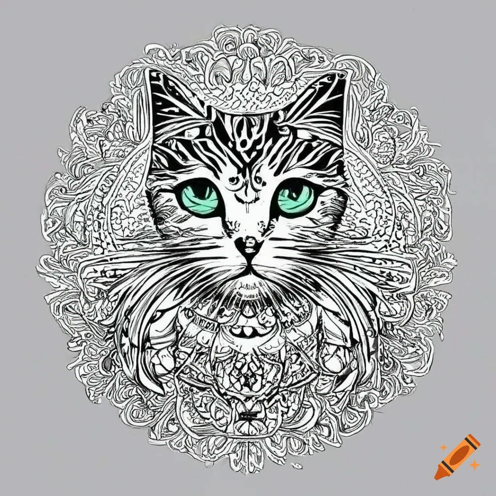 black and white cat drawing in filigree mandala style