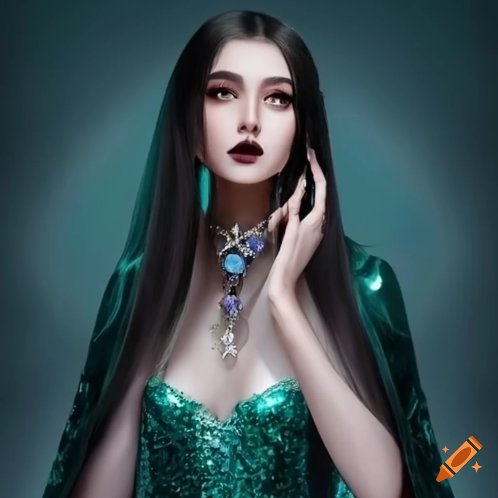 beautiful princess wearing a green sequin dress