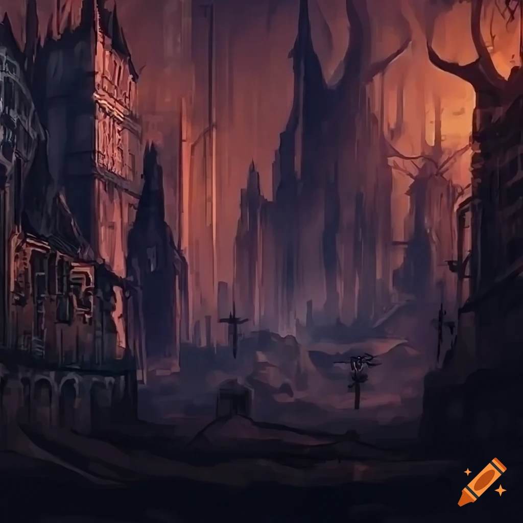 dark fantasy city backdrop for a platformer videogame