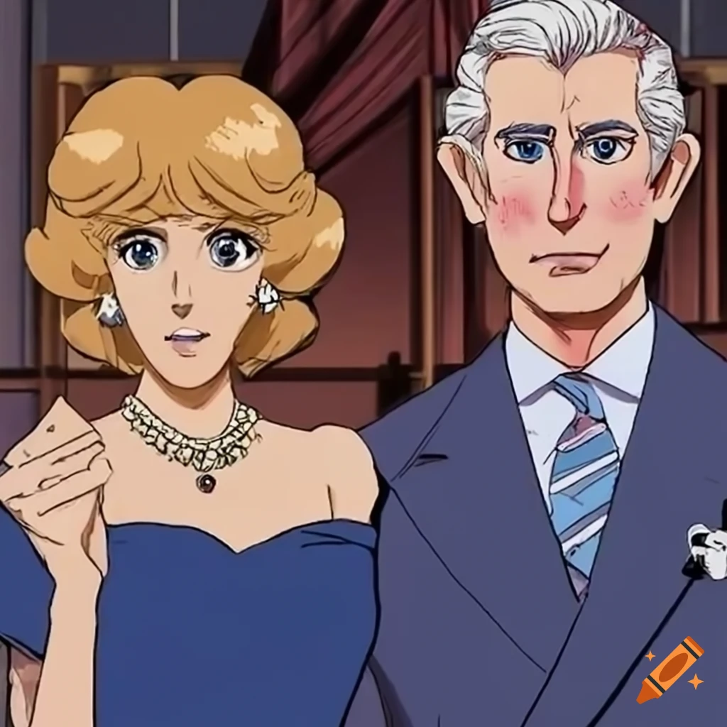 retro anime couple inspired by Prince Charles and Camilla Parker Bowles