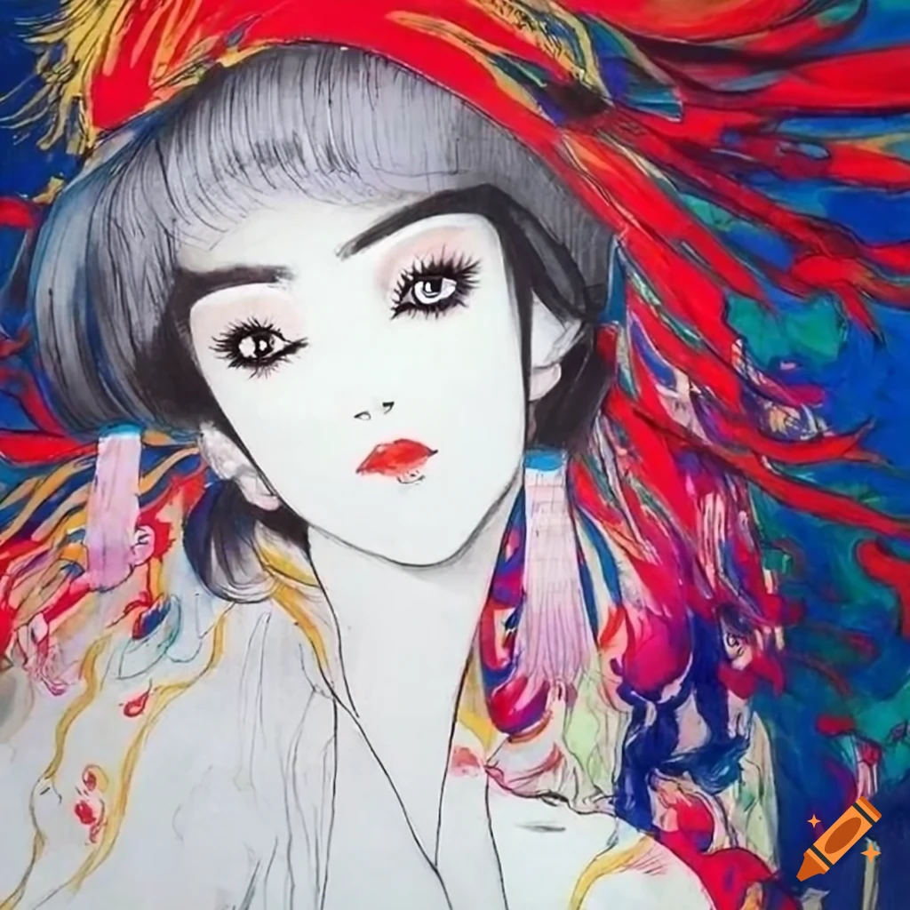 colorful manga sketch of a Japanese woman