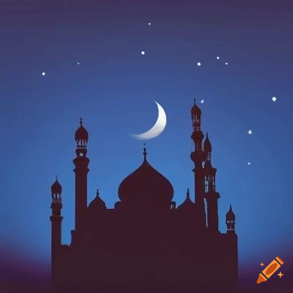 silhouette of a mosque with a crescent moon above