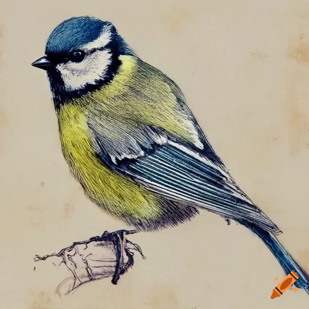 vintage pencil sketch of a blue tit on aged paper