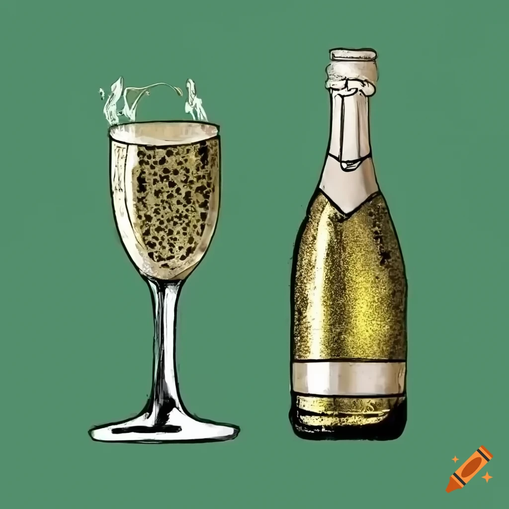 minimalist drawing of a bottle of champagne and two flutes on a green background