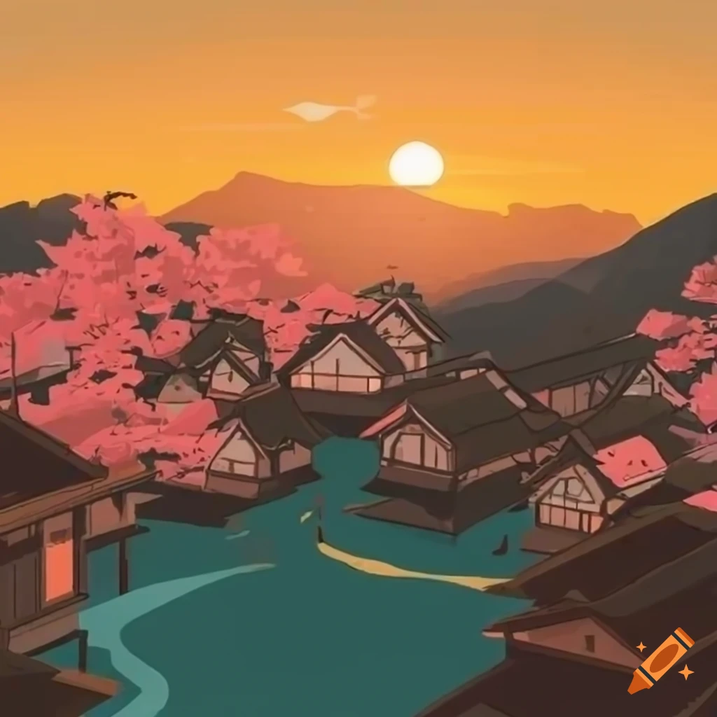 isometric view of a Japanese village with sakura trees