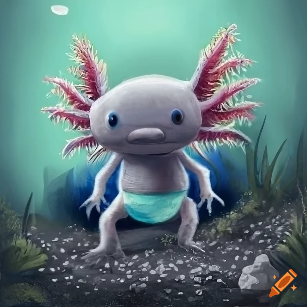 illustration of an axolotl wearing a diaper standing in gravel roads
