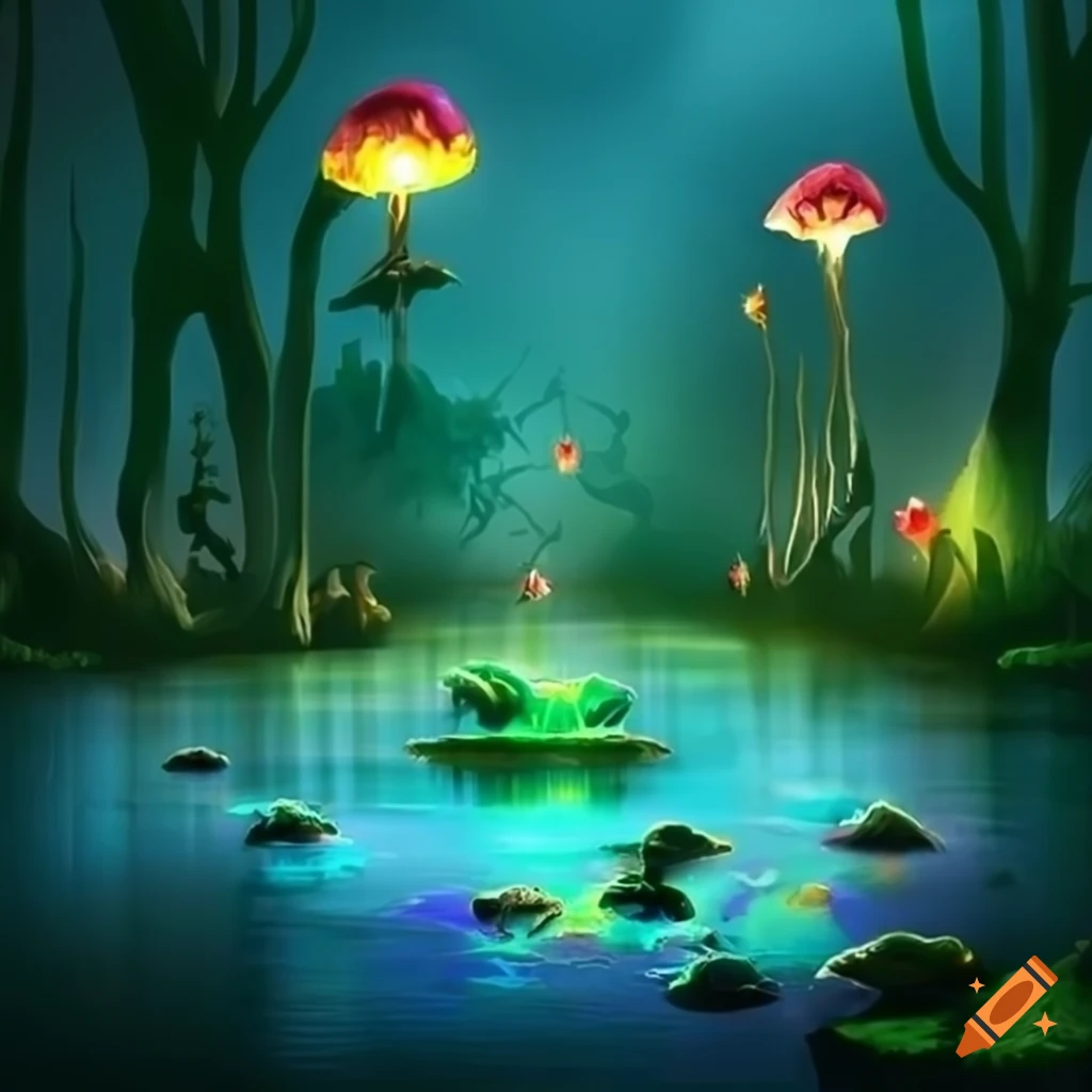 fantasy illustration of a glowing mushroom swamp