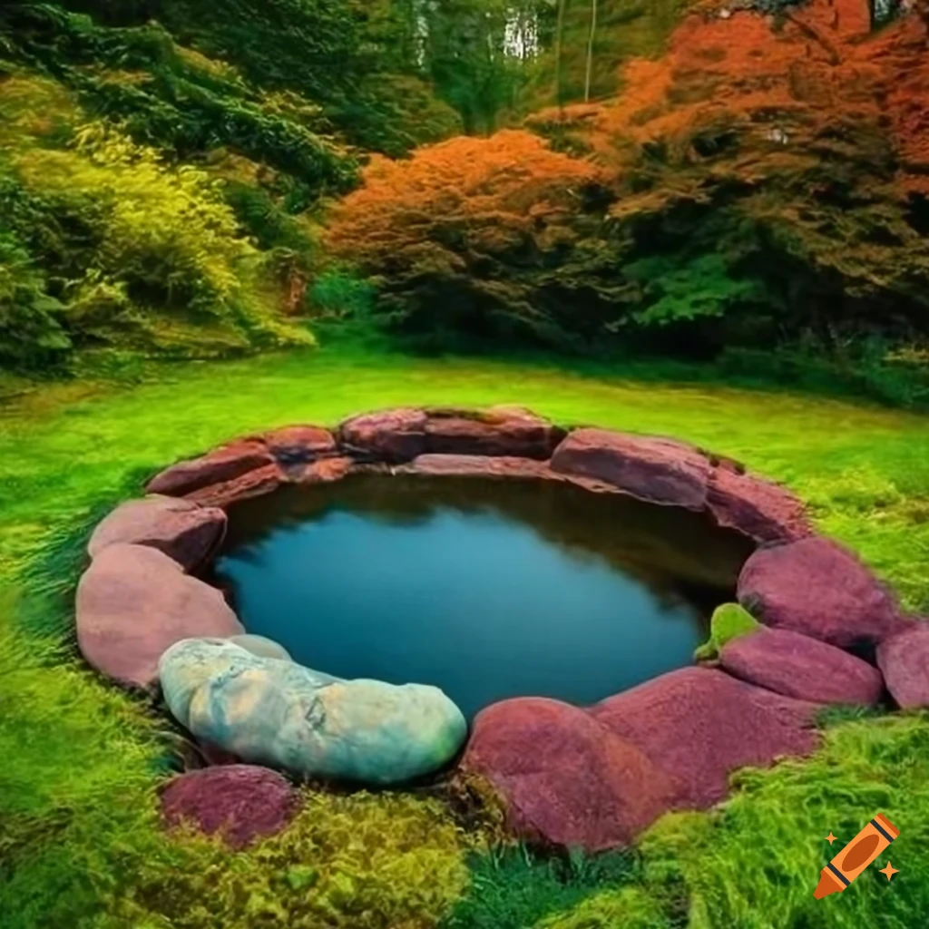 circular pond surrounded by colorful rocks