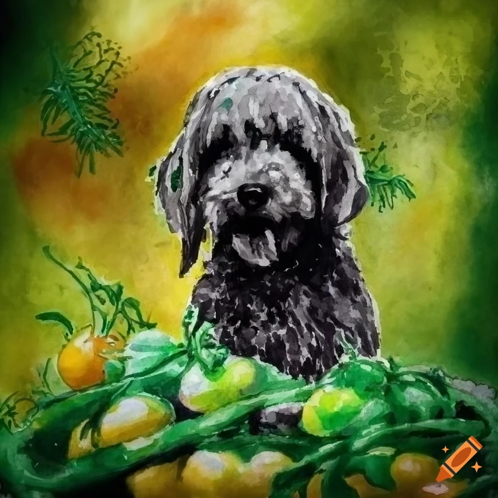 watercolor painting of a black and gray miniature golden doodle in a lush green backyard