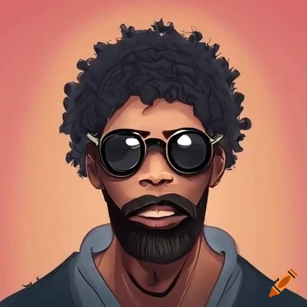 surprised black man with goatee and round glasses in anime style