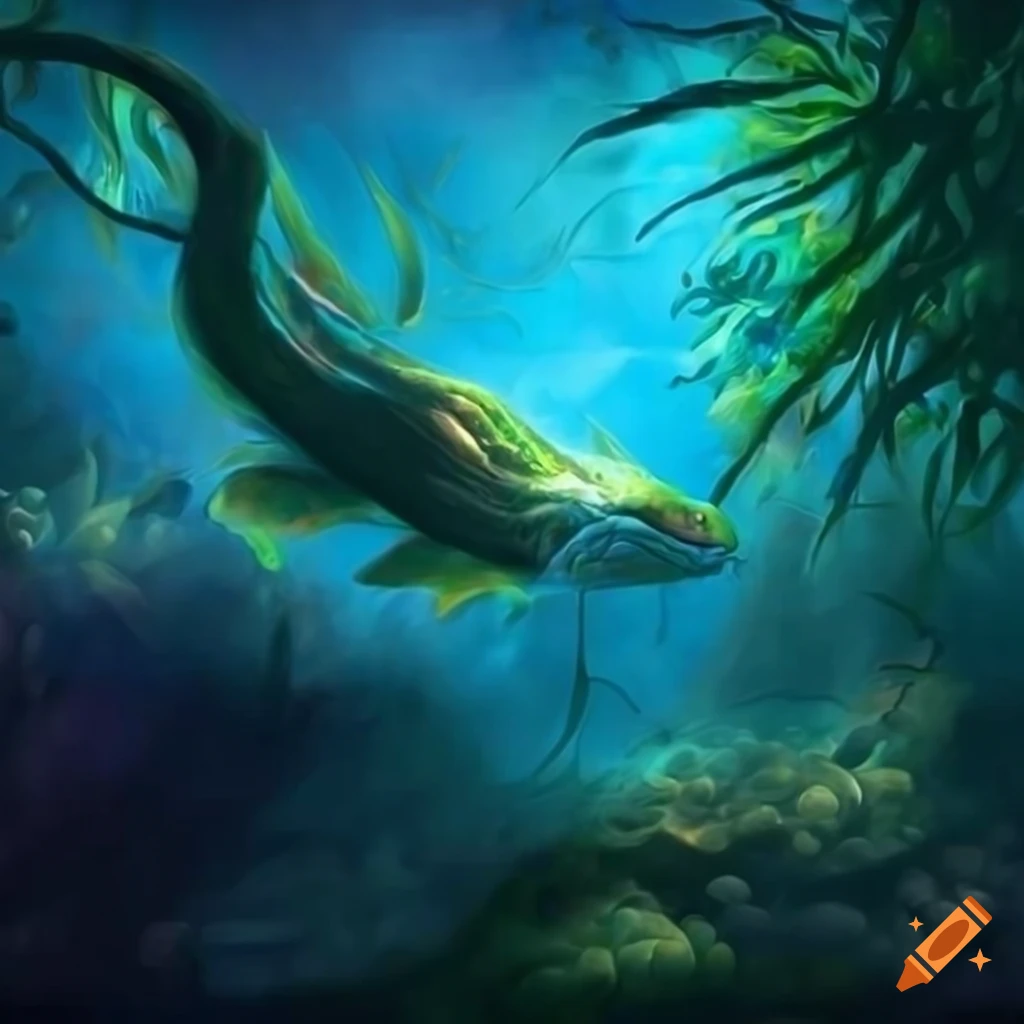 Canvas painting of a mythical underwater creature in a vibrant underwater world