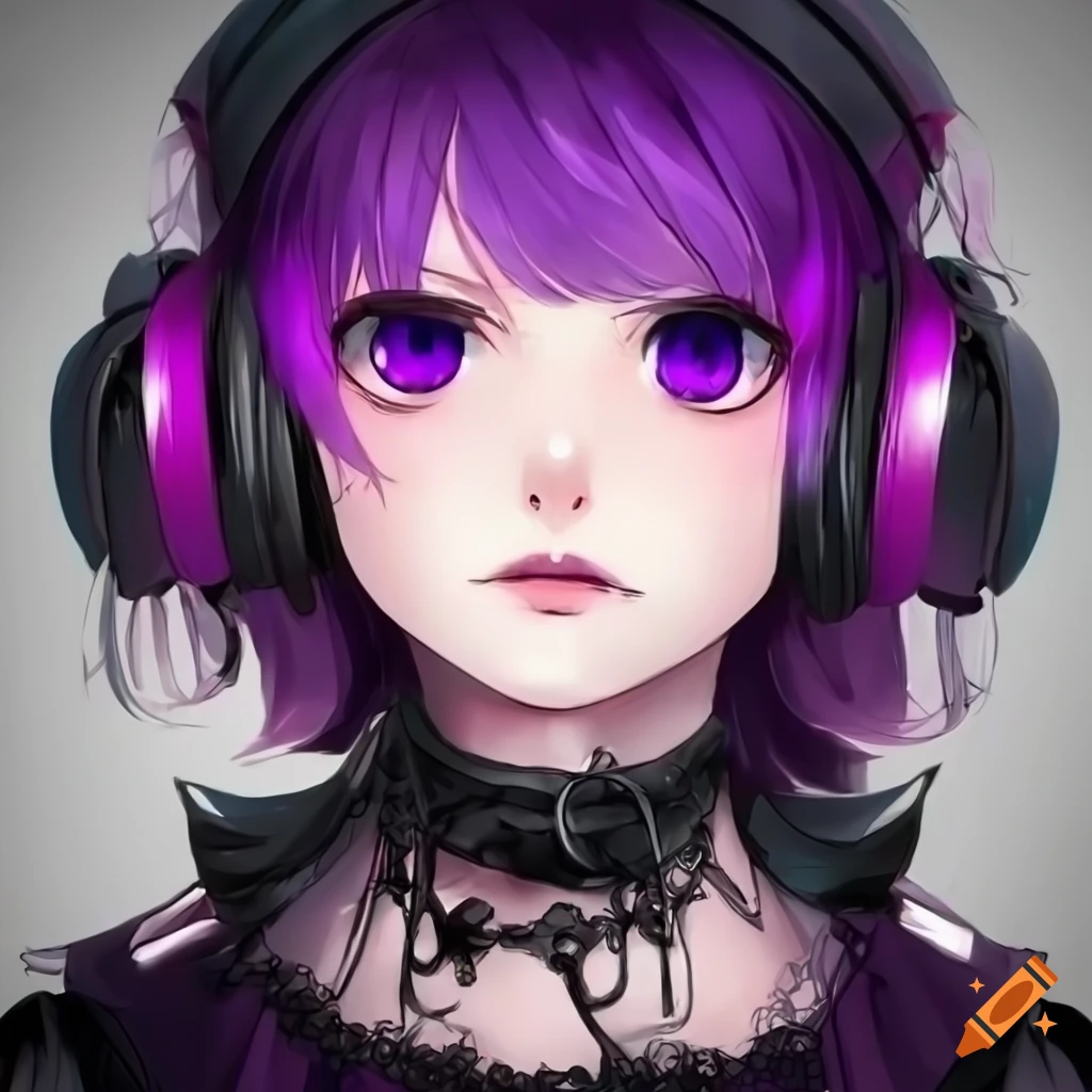 anime girl with purple highlighted short hair in gothic outfit