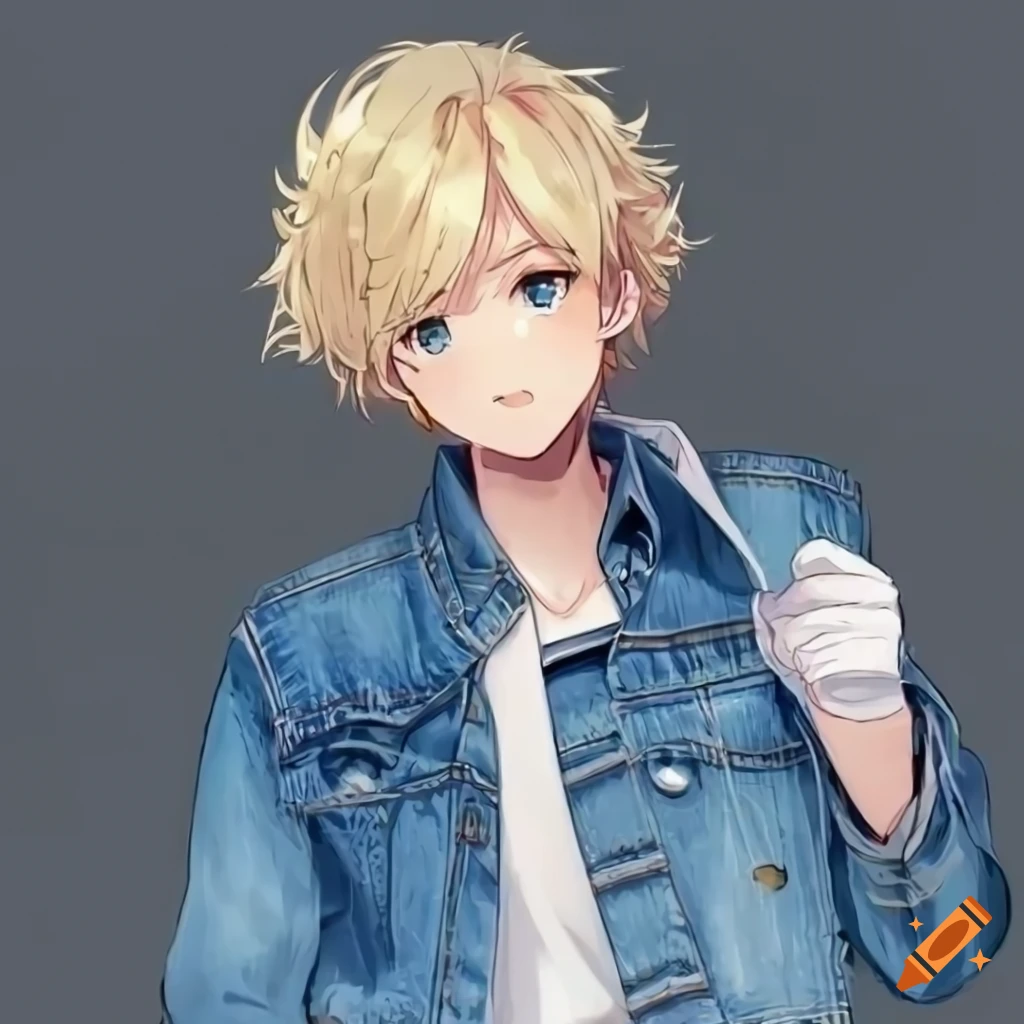 anime character with blonde fluffy hair and denim jacket