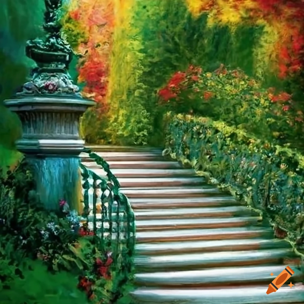Renaissance-inspired garden with curved stairs