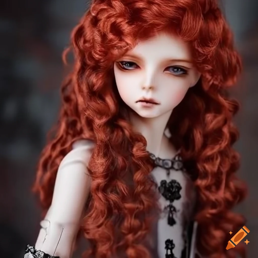 elegant gothic BJD boy with long red curly hair
