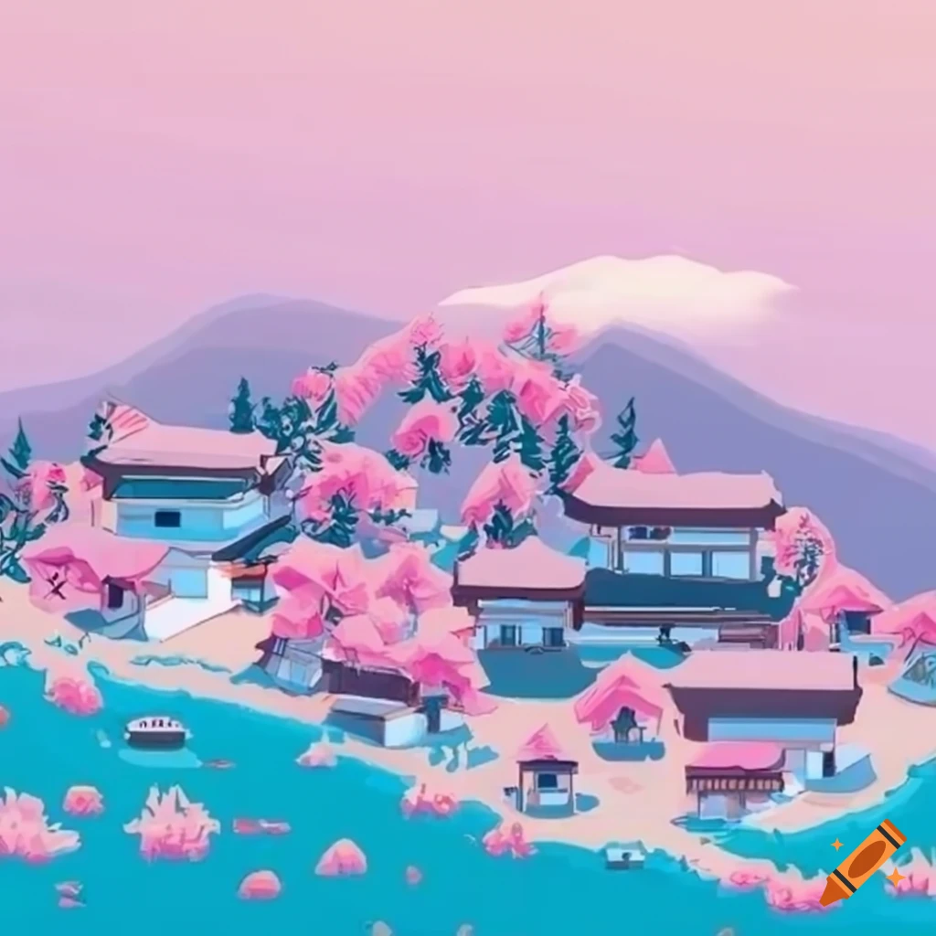 isometric view of a traditional Japanese village