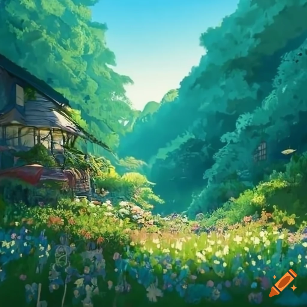 Studio ghibli-inspired artwork of a vibrant flower field on Craiyon